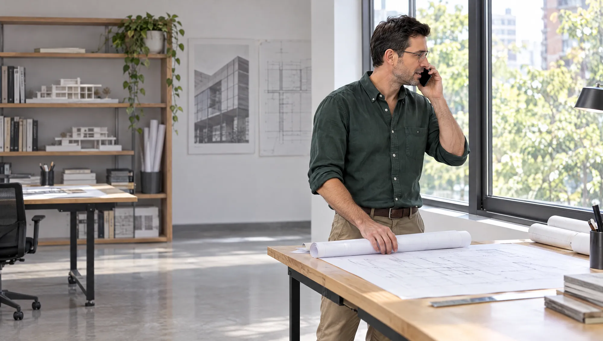 Un Arquitecto de Estudio TREO habla por celular junto a la ventana del estudio, con un plano enrollado sobre la mesa