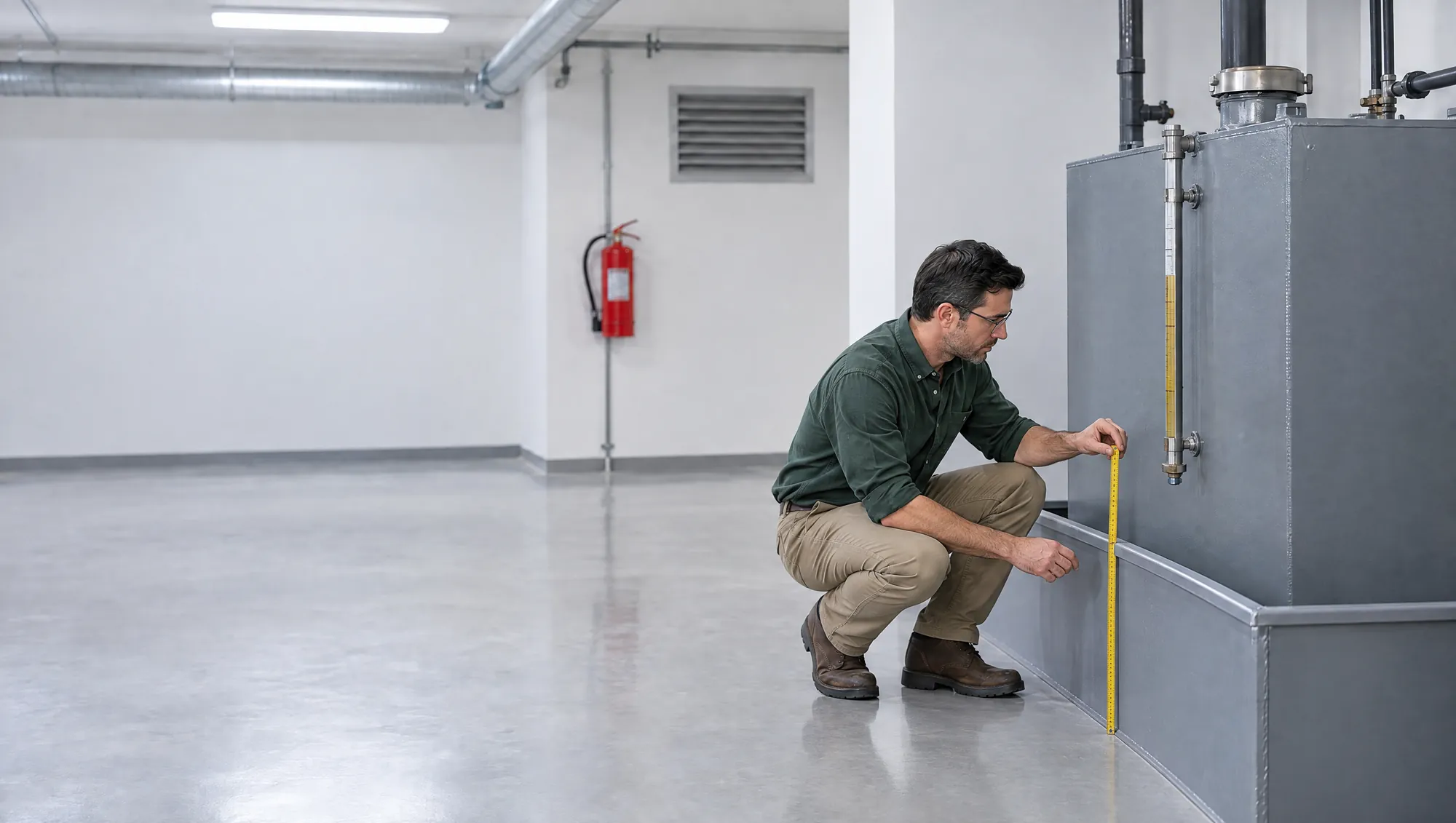 Un Arquitecto de Estudio TREO, en cuclillas fuera de la cubeta, mide con un metro plegable la altura de la cubeta de contención de un tanque de gasoil