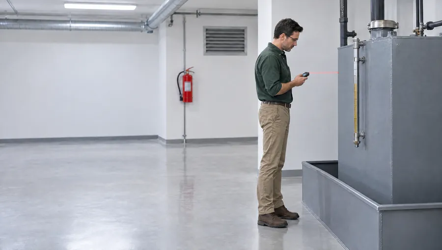 Un Arquitecto de Estudio TREO mide con un medidor láser la distancia entre un tanque de gasoil y la pared de la sala de máquinas